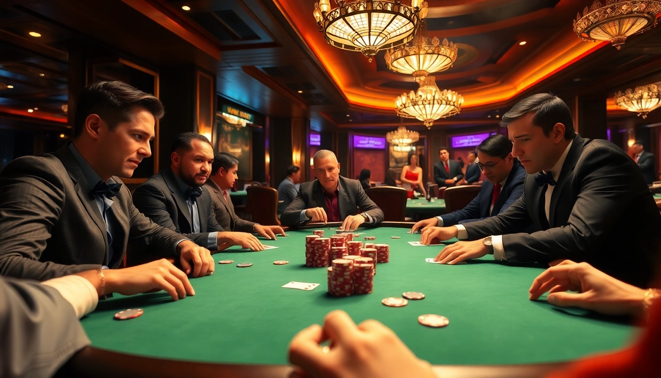 Intense poker game action at a stylish casino table with players engaged.