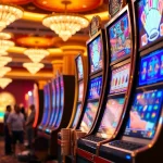 Permainan Slot Game yang menampilkan suasana kasino yang mengasyikkan dalam warna-warna cerah.