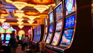 Permainan Slot Game yang menampilkan suasana kasino yang mengasyikkan dalam warna-warna cerah.