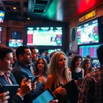 Engage in Sports Betting with dynamic people and vibrant odds displays in a sportsbook environment.