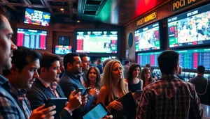 Engage in Sports Betting with dynamic people and vibrant odds displays in a sportsbook environment.