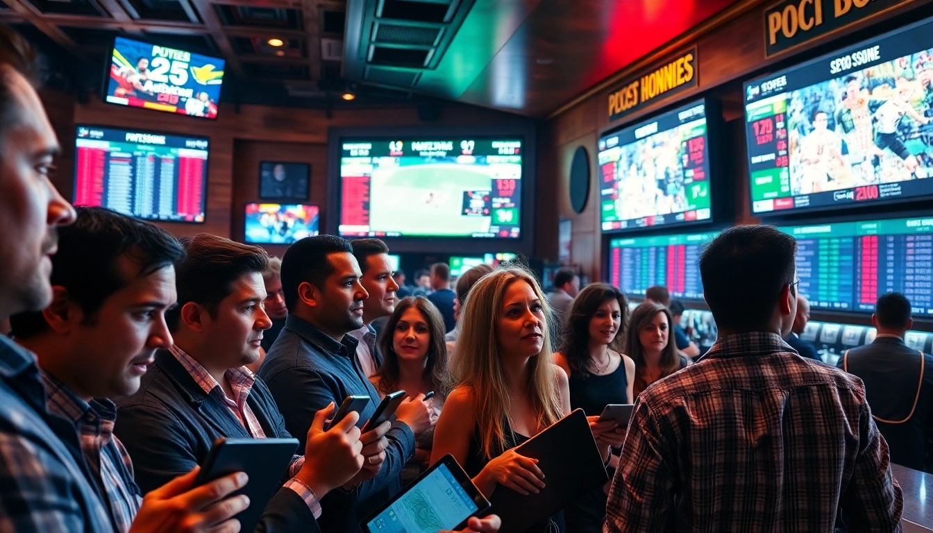 Engage in Sports Betting with dynamic people and vibrant odds displays in a sportsbook environment.