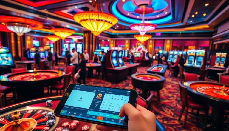 This vibrant casino scene showcases high-energy gaming at https://s8glx.com, featuring roulette and slot machines.