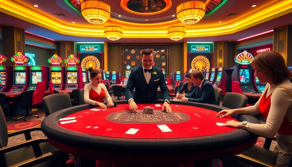 A thrilling baccarat game at a luxury casino featuring Kaptenjackpot elements like poker chips and slot machines.
