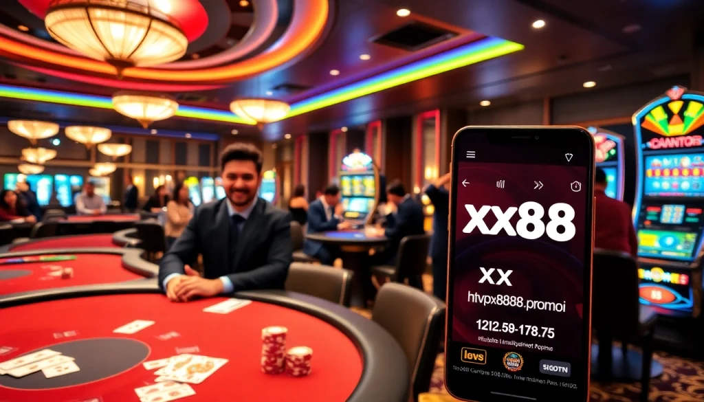 A vibrant casino scene showcasing excitement with players engaging in games at https://xx88.promo/, featuring dealers and slot machines.