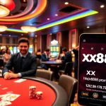 A vibrant casino scene showcasing excitement with players engaging in games at https://xx88.promo/, featuring dealers and slot machines.