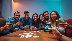 Group of friends enjoying Yono Rummy on smartphones, vibrant atmosphere, exciting gameplay.