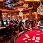 A thrilling casino experience featuring vibrant slot machines and intense poker players at 8s bet, showcasing excitement and luxury.