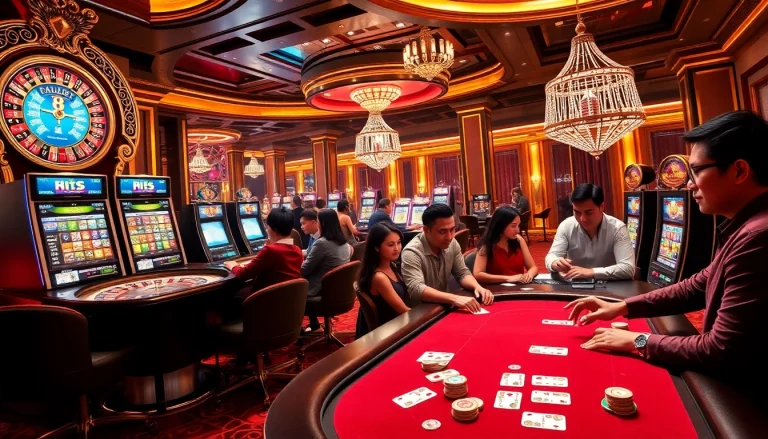 A thrilling casino experience featuring vibrant slot machines and intense poker players at 8s bet, showcasing excitement and luxury.