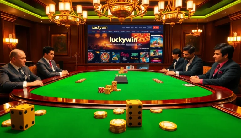 Engaging players at the luxurious poker table on https://luckywin.name with vibrant casino elements.