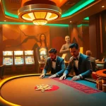 Engage with an exciting sex game on a luxurious casino floor featuring poker players and stunning slot machines.