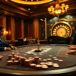 A thrilling poker game at Nhà Cái OKWIN's luxurious casino, showcasing intense gameplay and elegant surroundings.