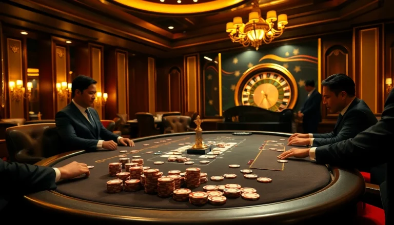A thrilling poker game at Nhà Cái OKWIN's luxurious casino, showcasing intense gameplay and elegant surroundings.