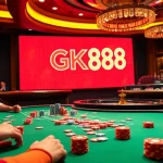 Thrilling gamble at GK88 casino with poker chips and colorful cards on a vibrant table.