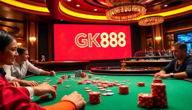 Thrilling gamble at GK88 casino with poker chips and colorful cards on a vibrant table.