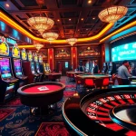 Capture the excitement of QQMACAN as players engage with vibrant slot machines and elegant poker tables in a luxurious casino setting.