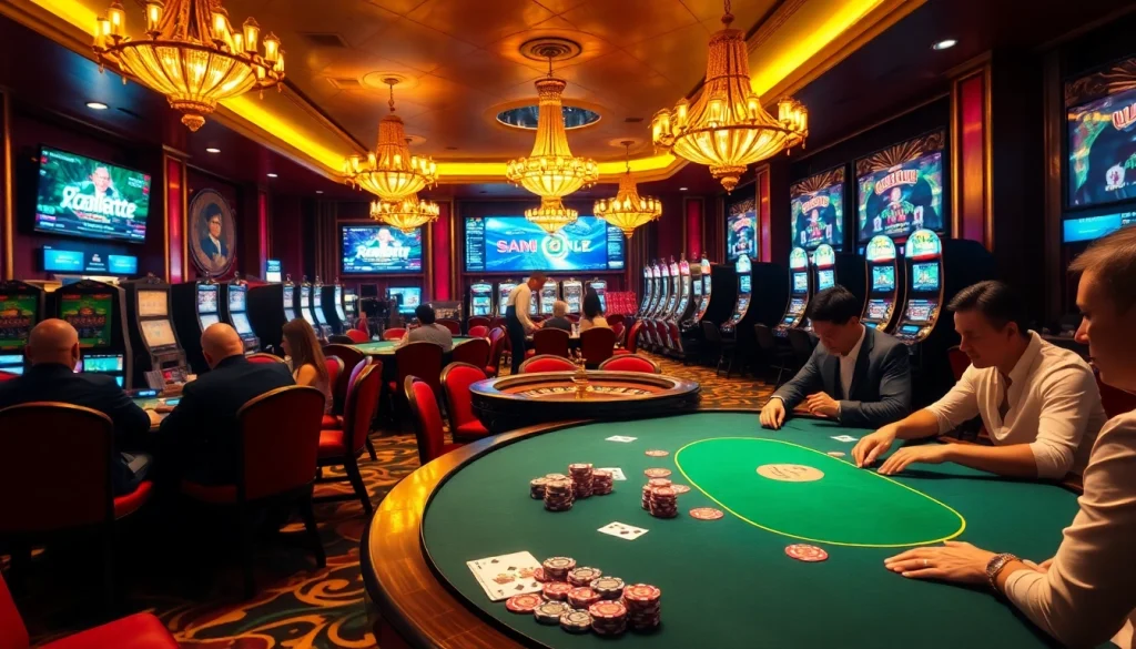 Exciting gambling scene featuring rr88co.net logo with poker tables, roulette wheel, and slot machines.