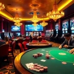 Exciting gambling scene featuring rr88co.net logo with poker tables, roulette wheel, and slot machines.