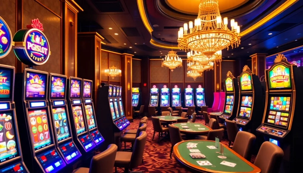 Experience the thrill of PGSLOT gaming with colorful slot machines in an elegant casino setting.