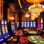 Experience the thrill of PGSLOT gaming with colorful slot machines in an elegant casino setting.