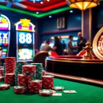 Exciting casino scene with poker chips and slot machines at XX88.