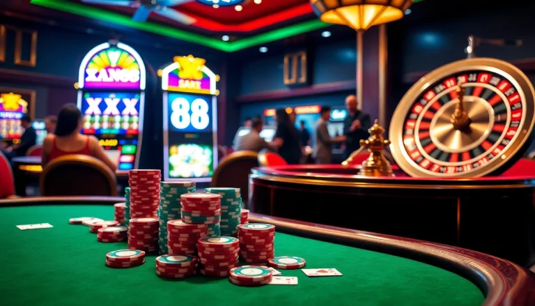 Exciting casino scene with poker chips and slot machines at XX88.