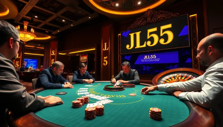 Players at a high-stakes poker table enjoy a thrilling game with JL55 branding.