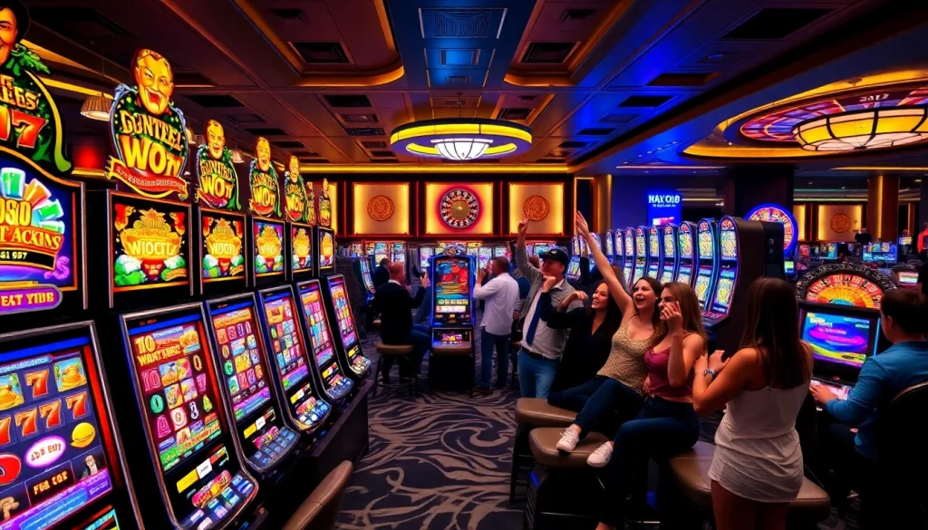 Players enjoying thrilling slot games amidst a glamorous casino backdrop.