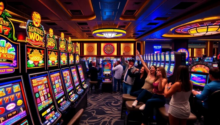 Players enjoying thrilling slot games amidst a glamorous casino backdrop.