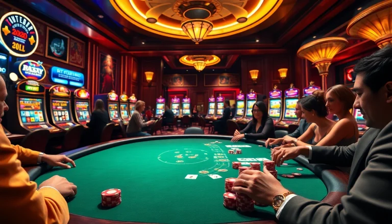 Hitclub players placing bets at a luxurious poker table in a vibrant casino scene.