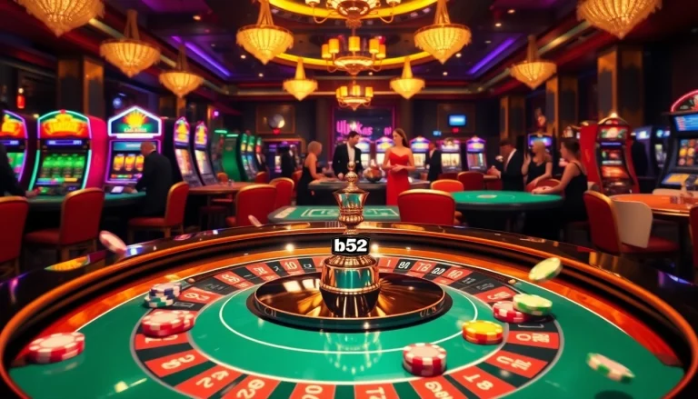 The b52 club casino scene showcasing players winning at roulette and enjoying vibrant slot machines.