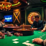 Players enjoy an exciting game at the glamorous BoosterJP casino table with vibrant poker chips.