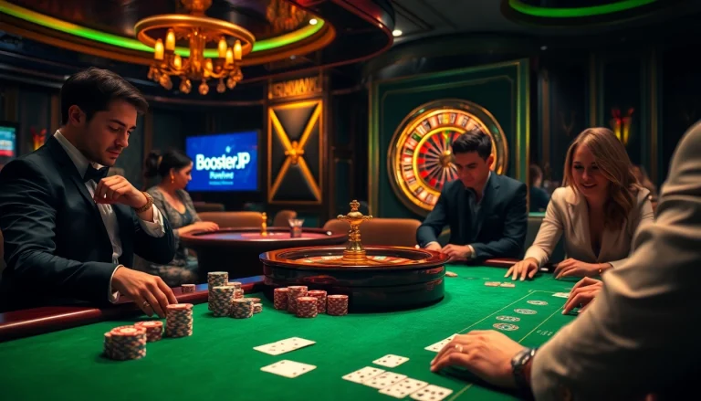 Players enjoy an exciting game at the glamorous BoosterJP casino table with vibrant poker chips.