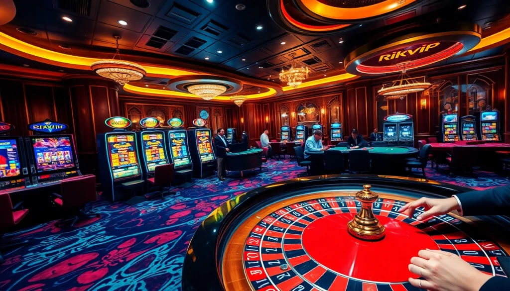 Experience thrilling gambling action at rikvip with a vibrant casino atmosphere featuring roulette and slot machines.