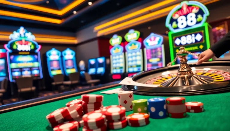 Engage in thrilling gameplay of 88i game at a stylish casino with poker chips and roulette.
