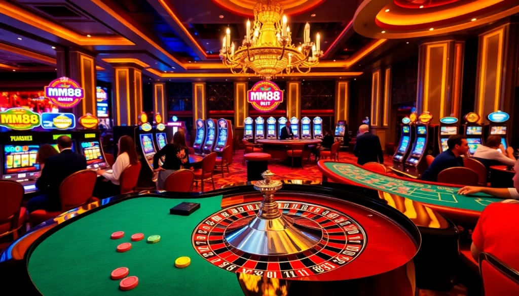 Experience mm88's thrilling casino atmosphere with roulette tables and exciting games.