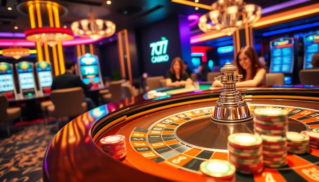 Players engaging with high-stakes action at 7C77 one casino featuring roulette, chips, and vibrant decor.