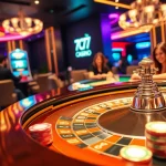 Players engaging with high-stakes action at 7C77 one casino featuring roulette, chips, and vibrant decor.