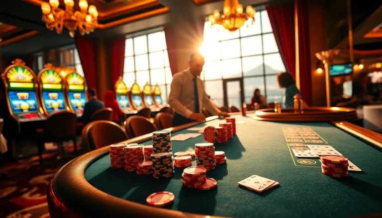 Experience the thrill of 'sunwin' gaming at a luxurious casino with vibrant poker tables and glowing slot machines.