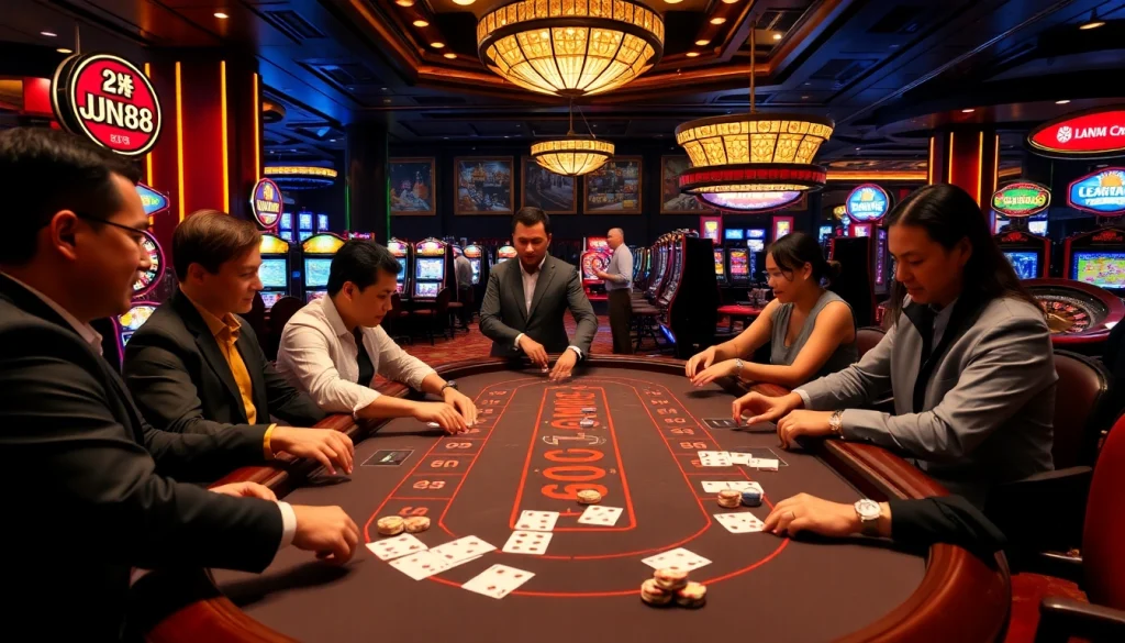 Experience the thrill of Jun88 phiên bản 2 with vibrant casino tables and engaging gambling action.