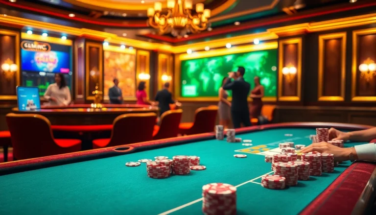 Engage with the thrilling atmosphere of https://gemwin.blog/ featuring a luxurious casino table with cards and chips.