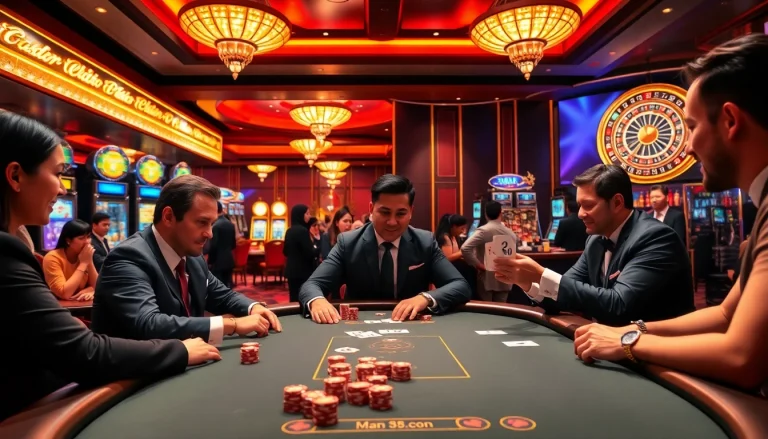 Exciting poker game at Man 88 online casino with vibrant chips and cards.