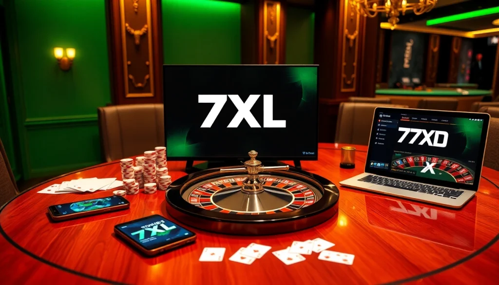 Experience the thrill of online poker with the 7XL download showcased in a luxurious gaming setting.