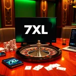 Experience the thrill of online poker with the 7XL download showcased in a luxurious gaming setting.