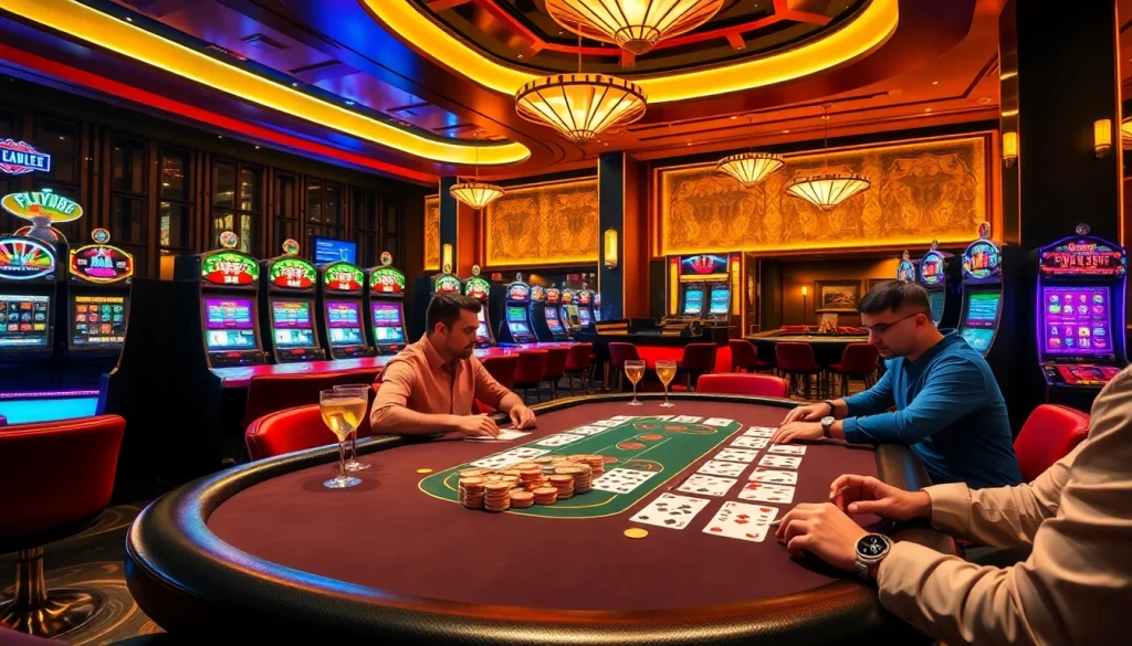 Engaging casino scene featuring strategic poker players at https://fly88-vi.com/, vibrant slots, and roulette.