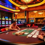 Engaging casino scene featuring strategic poker players at https://fly88-vi.com/, vibrant slots, and roulette.