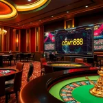 Crown88 online casino gaming scene with vibrant tables, poker chips, and a luxurious ambiance.