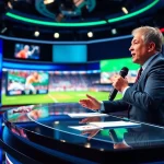 Sports Broadcasting anchor delivering passionate news in a modern studio with vibrant screens.