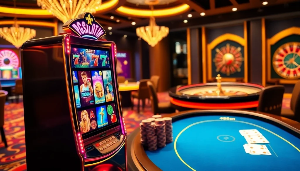 PGSLOT IN vibrant casino scene featuring a slot machine, poker chips, and roulette wheels.