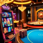 PGSLOT IN vibrant casino scene featuring a slot machine, poker chips, and roulette wheels.